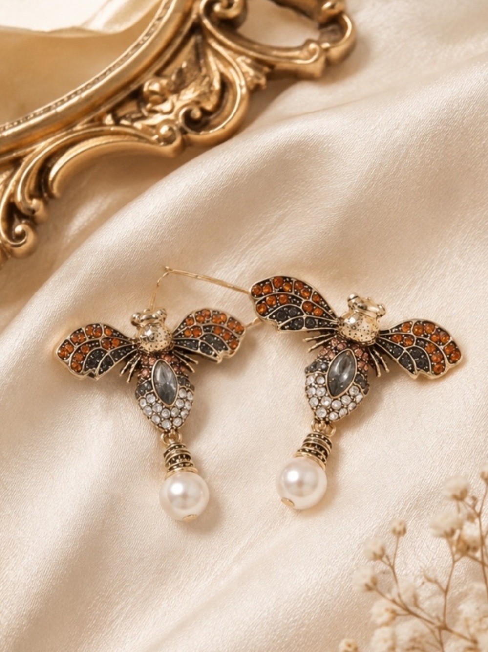 Vintage Gold Bee Earrings with Amber Crystals and Pearl Drops